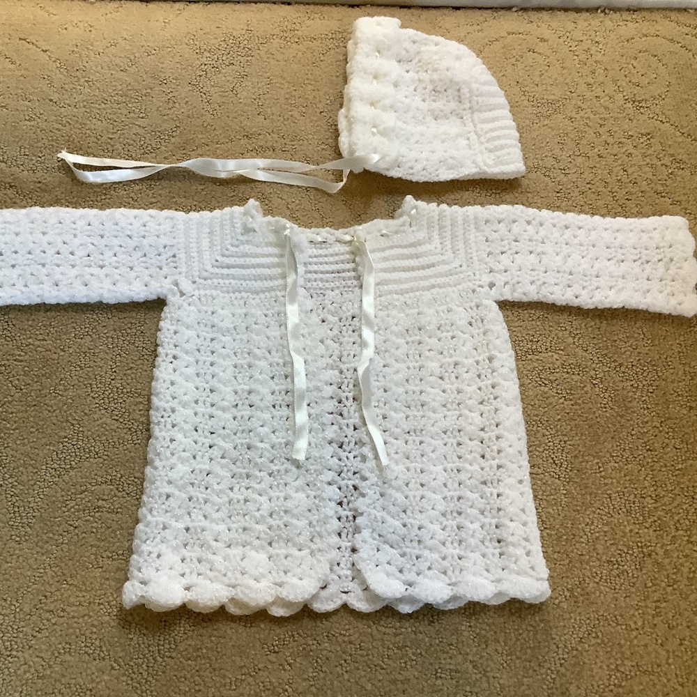 Hand knit baby sweater and bonnet approximately sz 6 mos